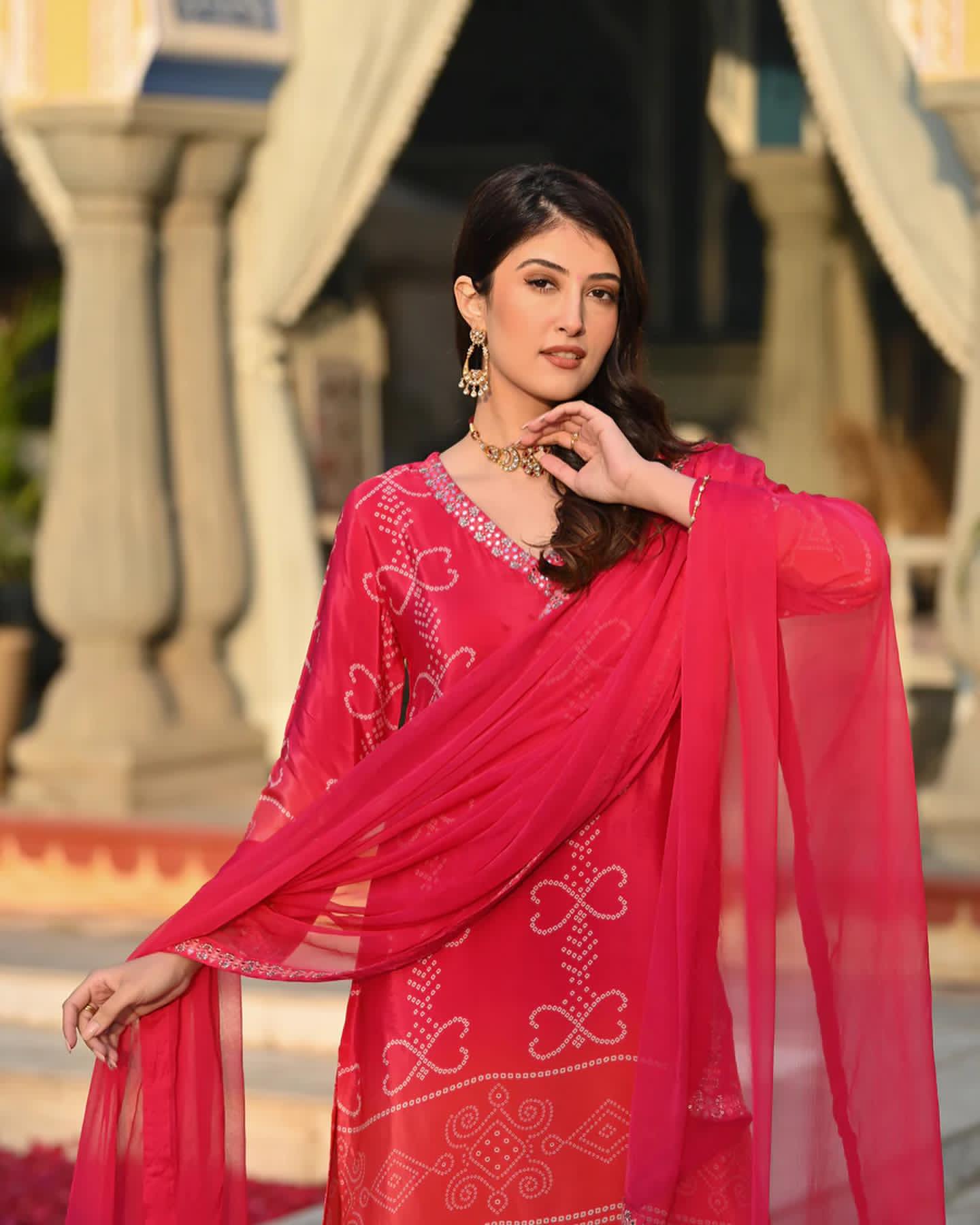 Crimson Bandhani-Print Suit Set – Timeless Ethnic Elegance