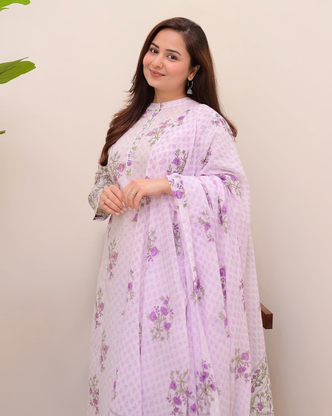 Lavender Floral Printed White Cotton Suit Set with Dupatta