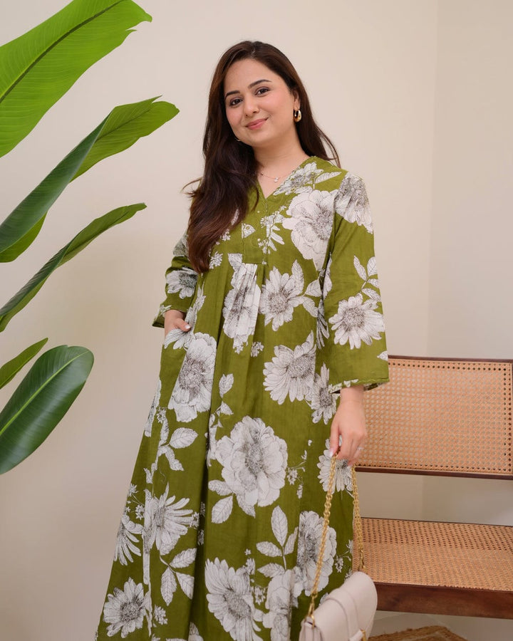 Olive Green Oversized Floral Printed Cotton Co-Ord Set
