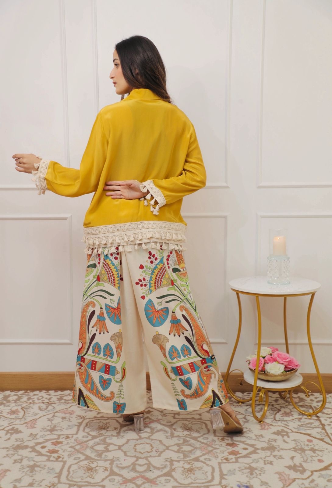 Boho Chic Yellow Shirt & Hand-Painted Wide-Leg Pants Set