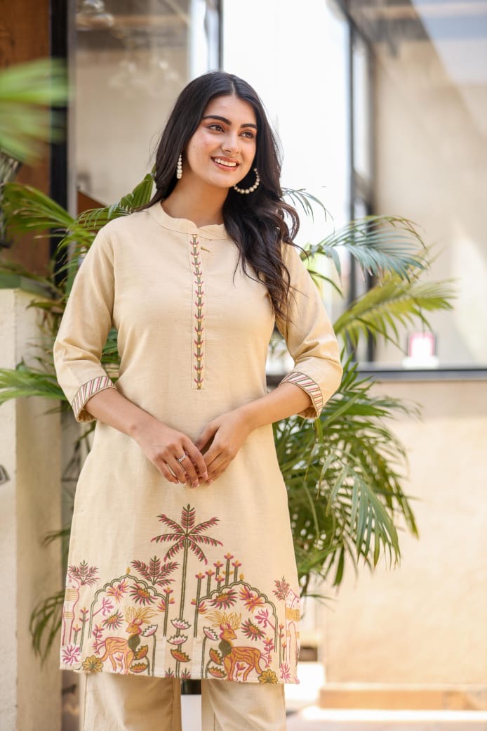 Beige Scenic Embroidered Kurta Set with Wide-Leg Pants
