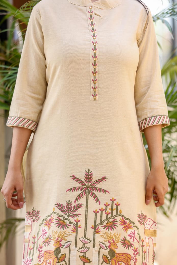 Beige Scenic Embroidered Kurta Set with Wide-Leg Pants