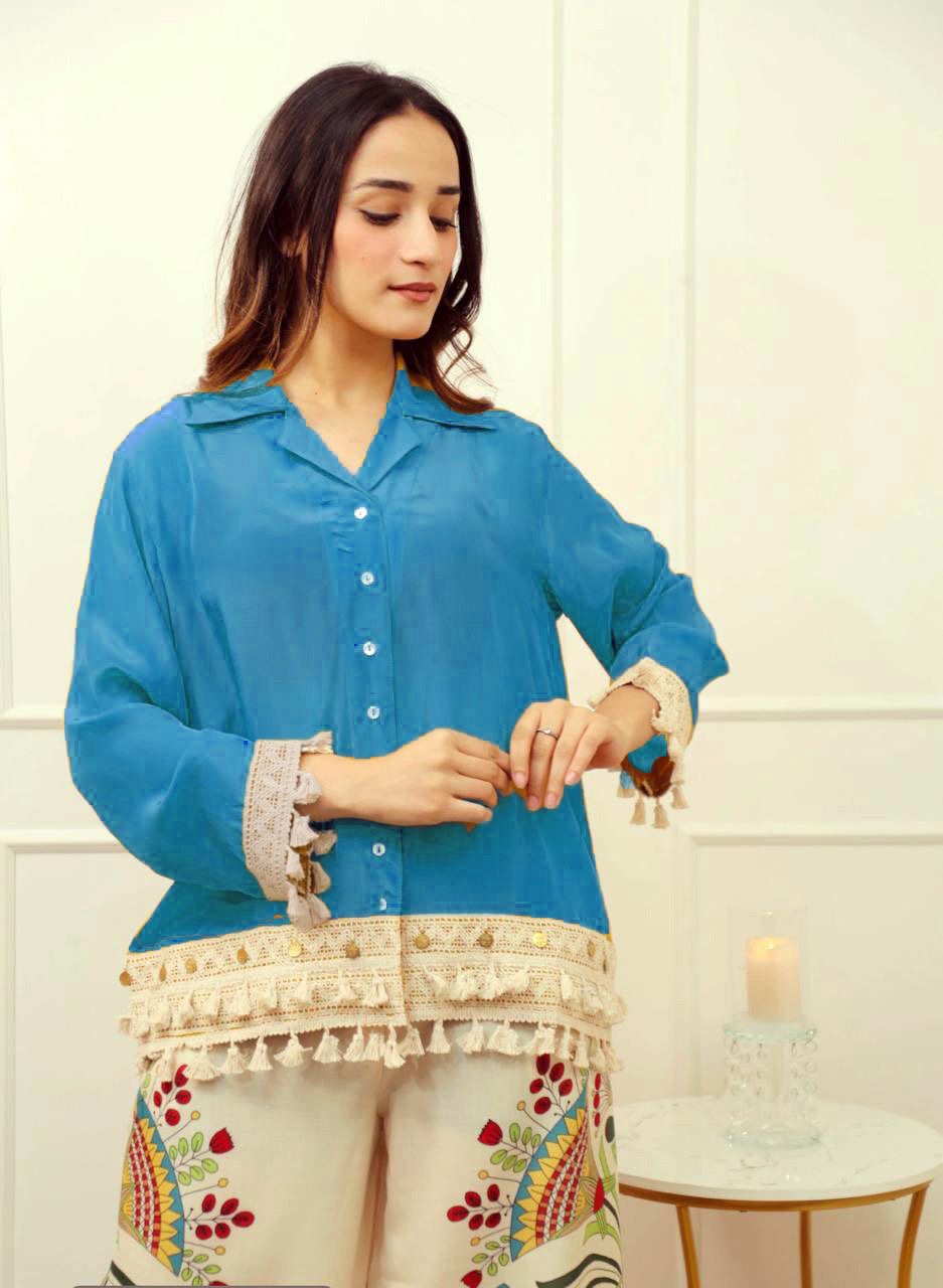 Boho Chic Blue Shirt & Hand-Painted Wide-Leg Pants Set