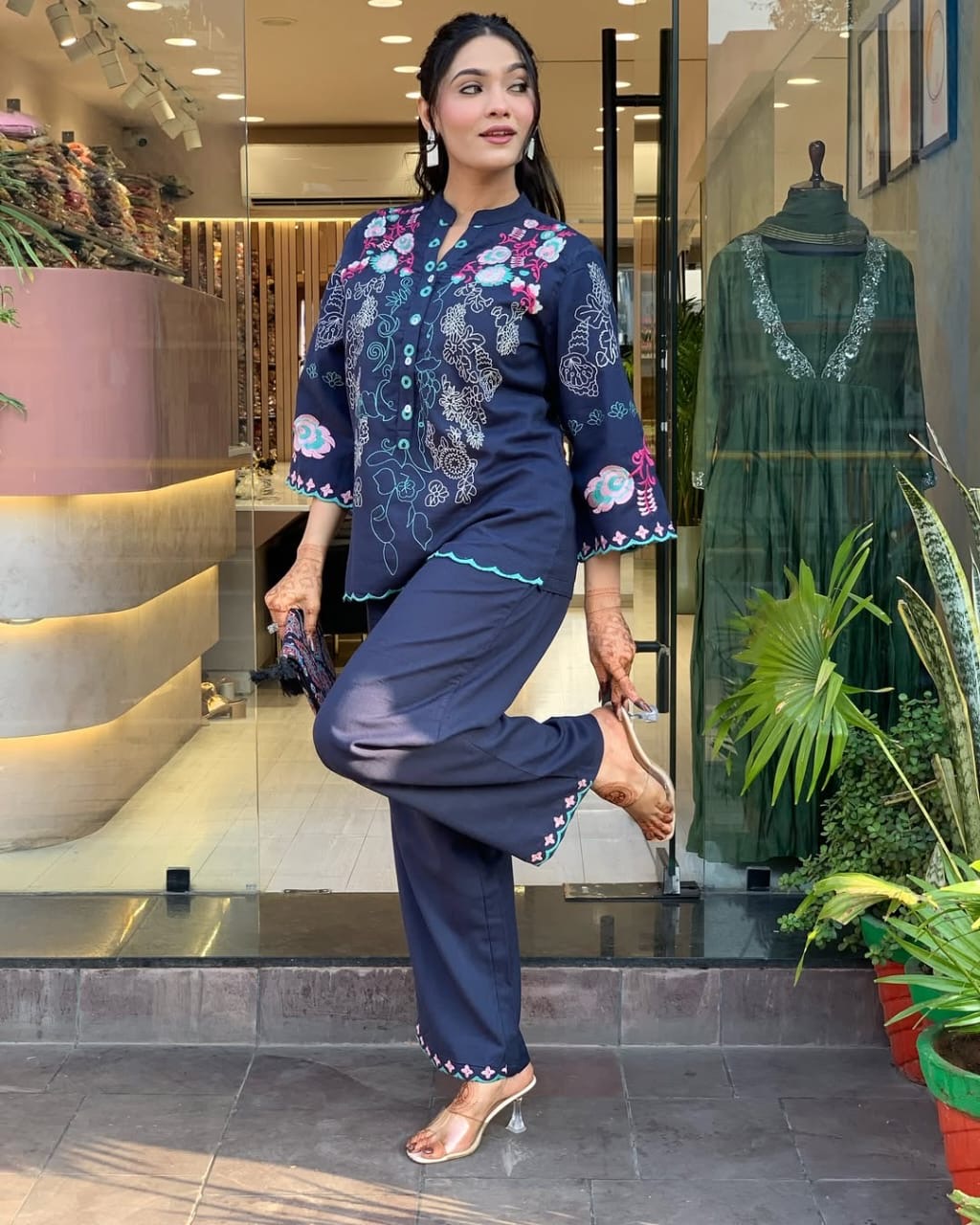 Navy Blue Floral Thread Embroidered Co-Ord Set